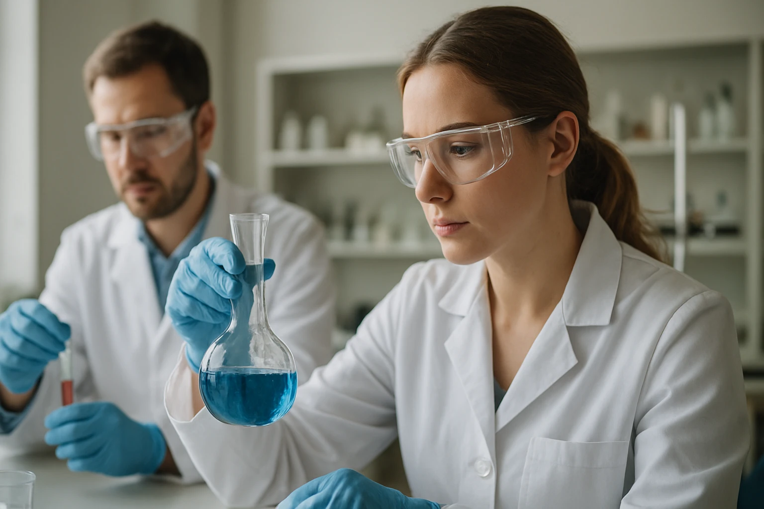 Két kémikus laboratóriumi kísérletet végez, monobrommetánnal foglalkozva.