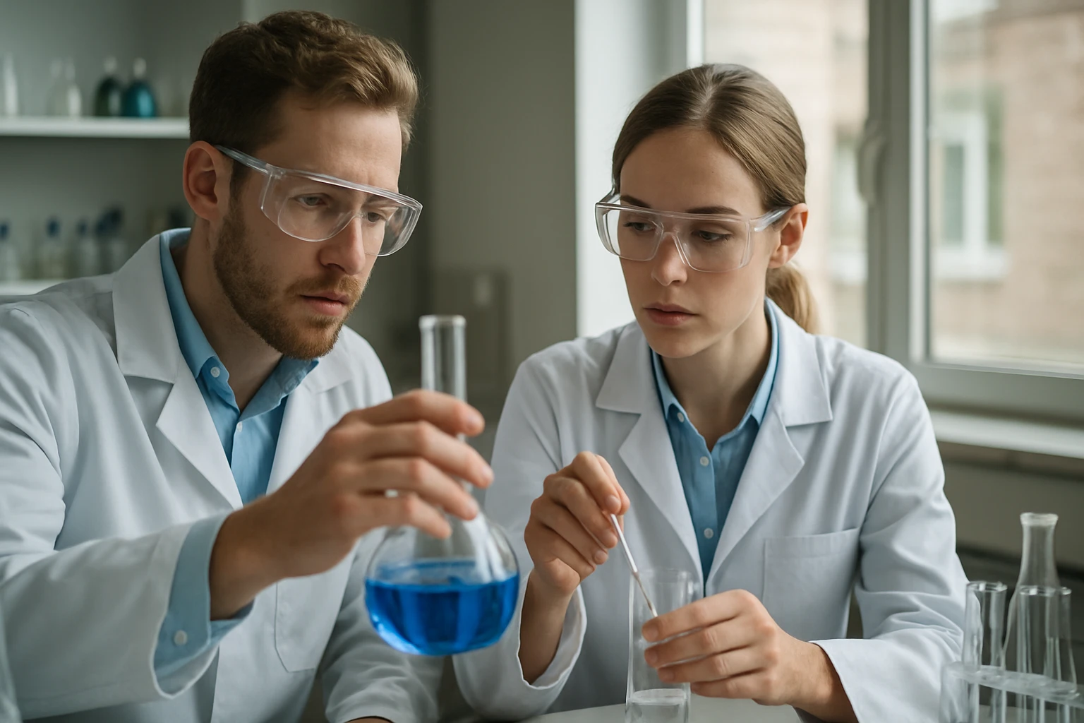 Két kémikus laboratóriumban monoklór-benzolt vizsgálva