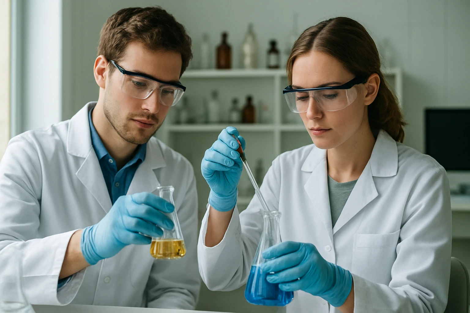 Kutatók laboratóriumban mosogatószer összetevőinek vizsgálatán