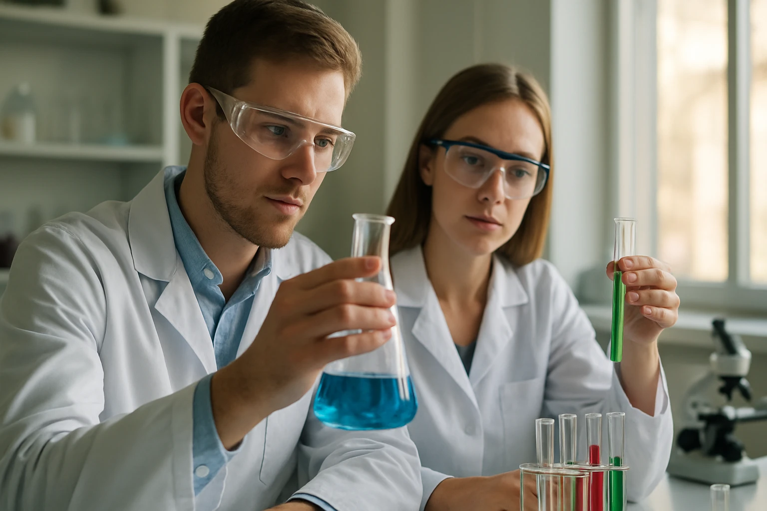 Két tudós laboratóriumban kémiai kísérletet végez.