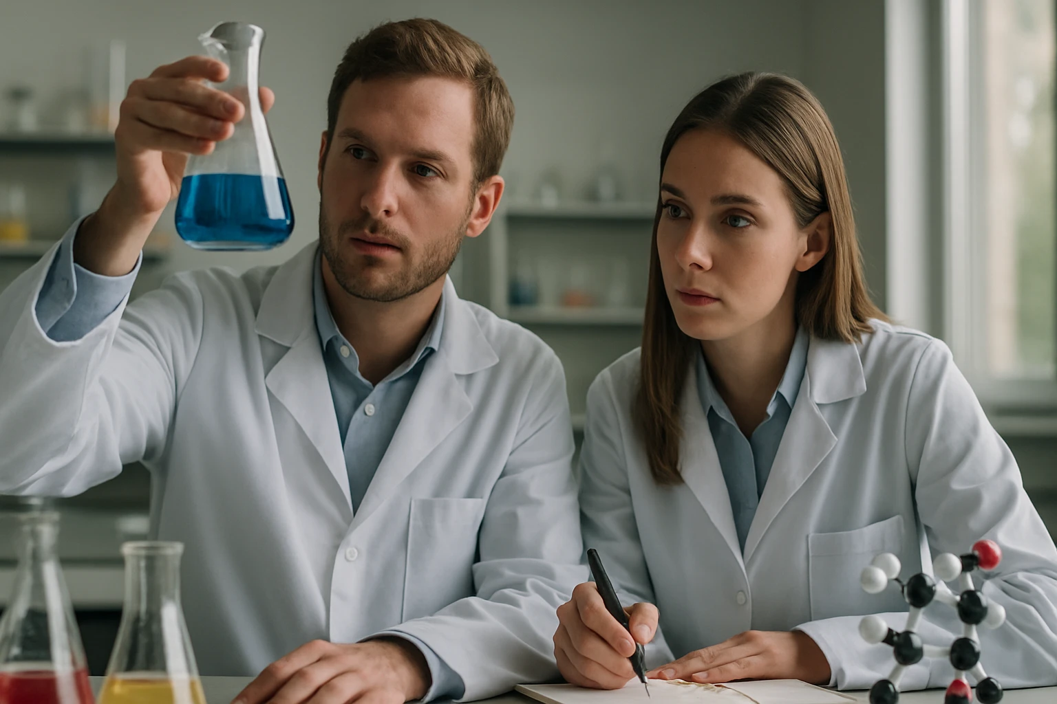 Két vegyész laboratóriumban, klórozott vegyületeket vizsgálnak.