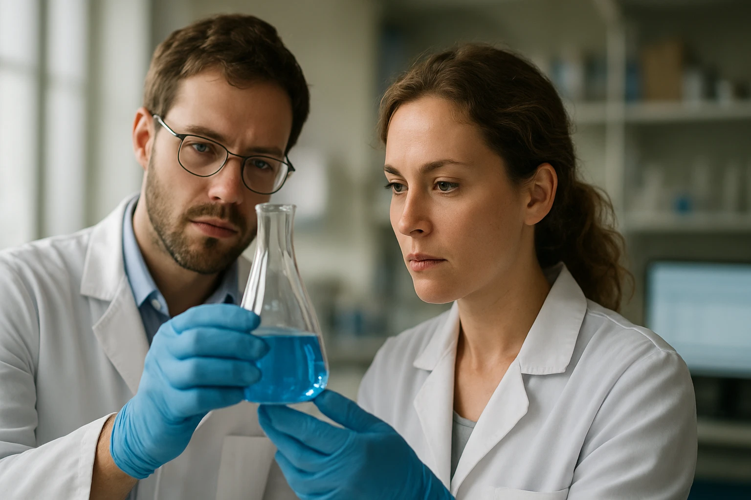 Két kutató dolgozik az n-oktánsav vizsgálatán laboratóriumban.