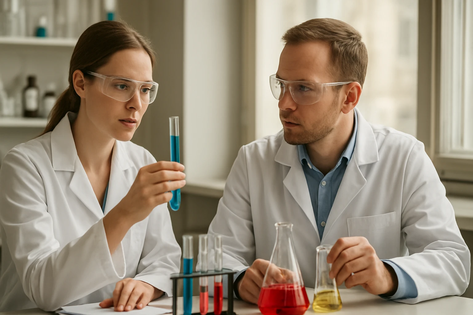 Kémikusok laboratóriumban naftalin-1-ot vizsgálnak.