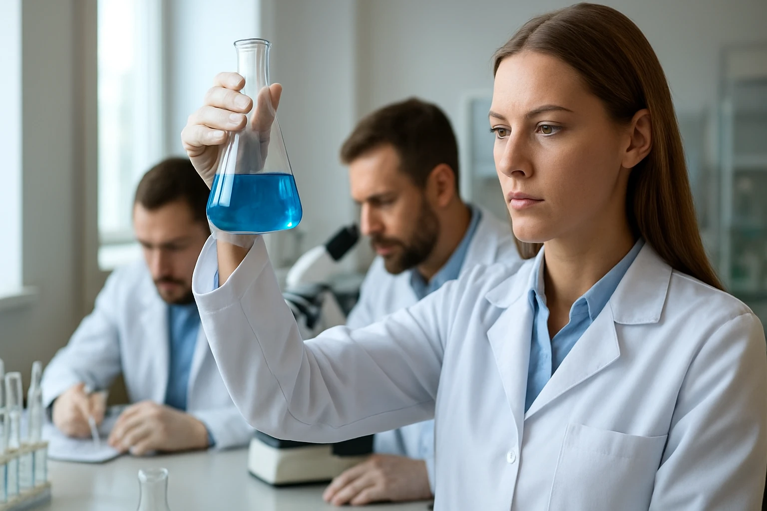 Női tudós laboratóriumban, kék folyadékot tartó kémcsővel