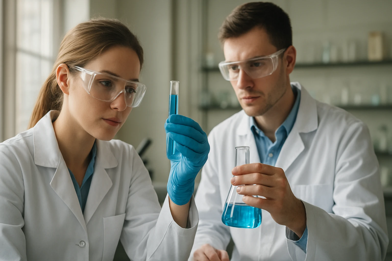 Két laboráns HPLC mintákat elemez egy kémiai laboratóriumban.