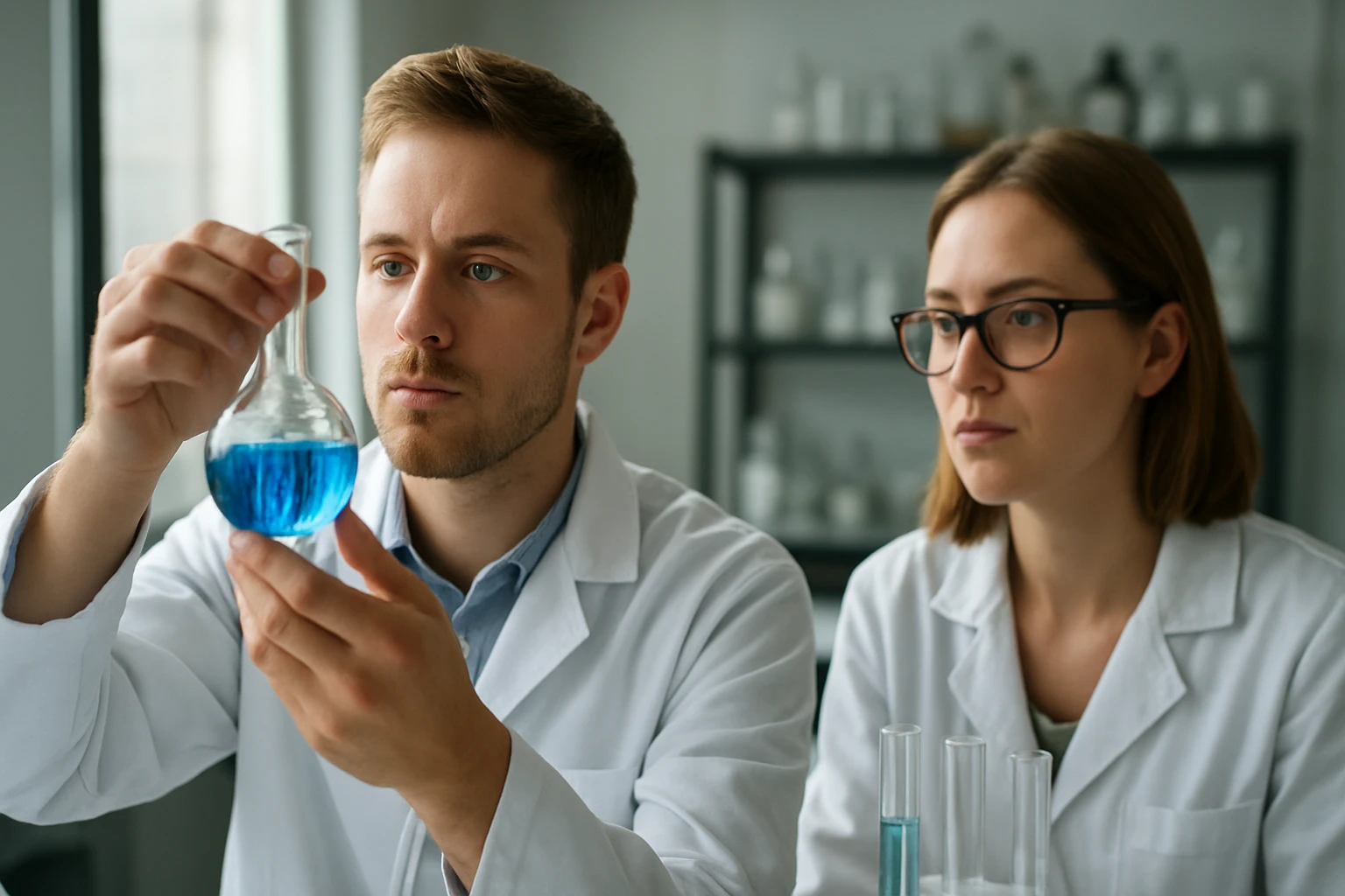 Két tudós laboratóriumban, az egyik kémcsövet vizsgálva.