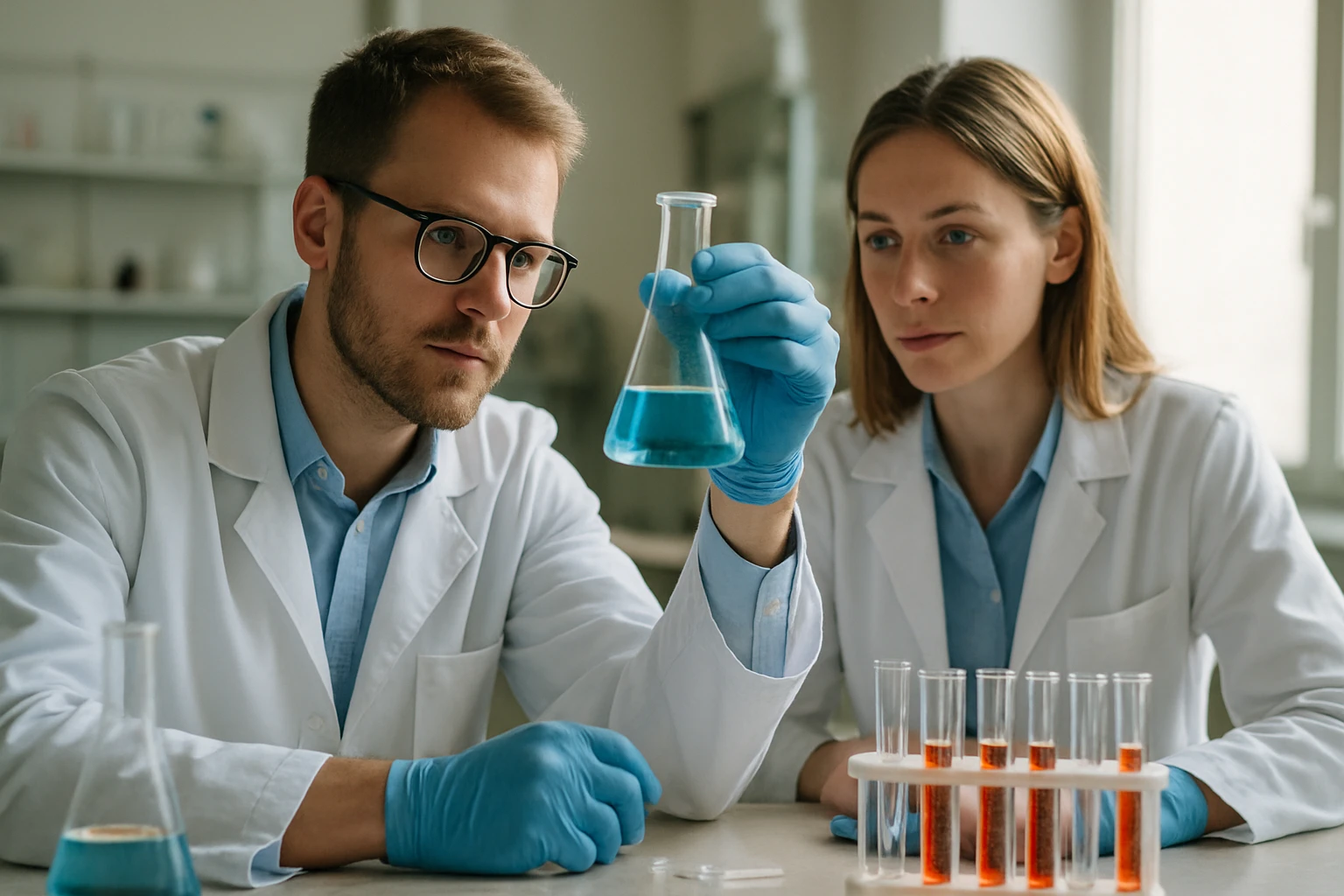 Két kutató laboratóriumban kémiai kísérletet végez.