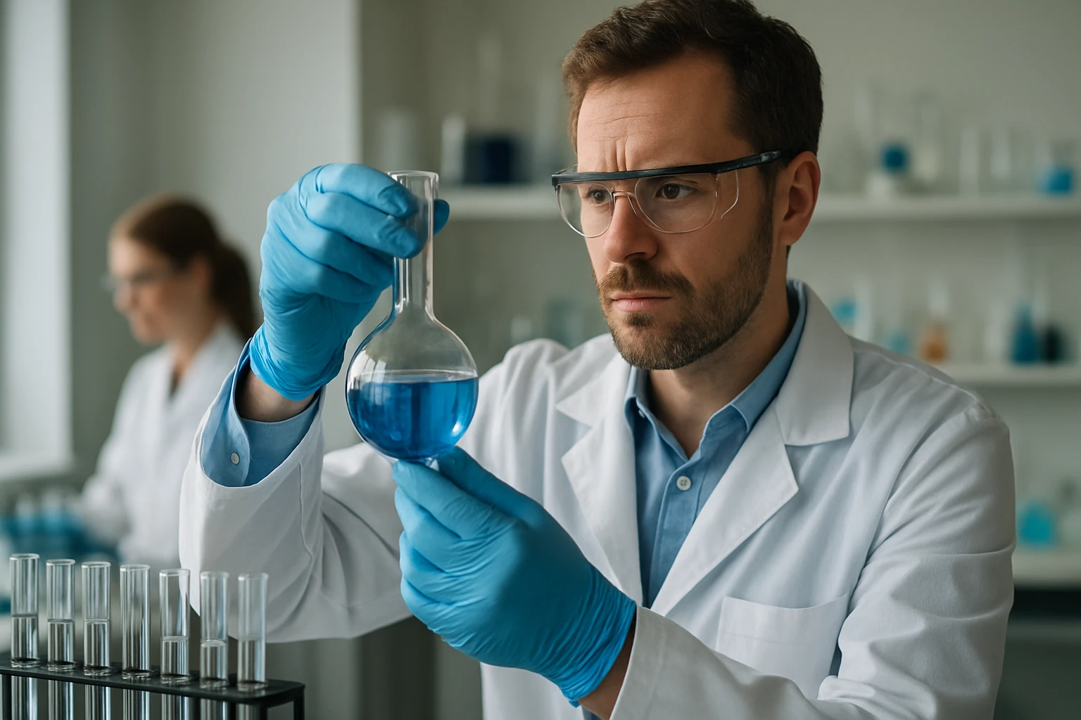 Nátrium-alginát: Az adalékanyag jellemzői és alkalmazási területei Kémiai kutató nátrium-alginátot vizsgál egy laboratóriumban.