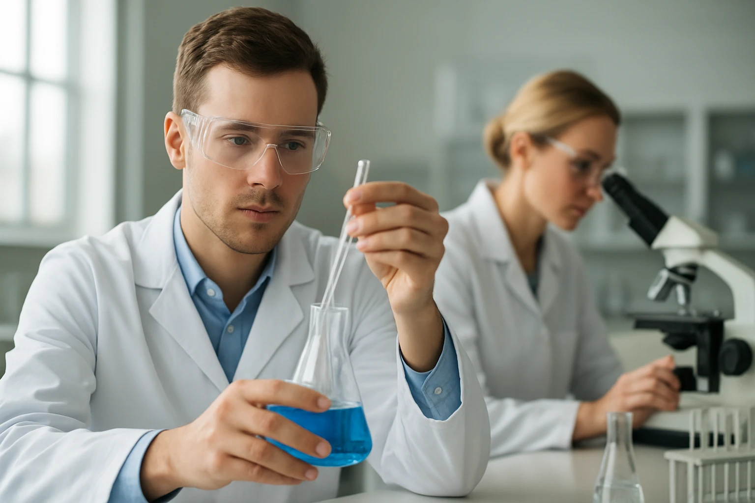 Két kutató laboratóriumban, folyadékokat vizsgálva kémiai kísérlet közben.