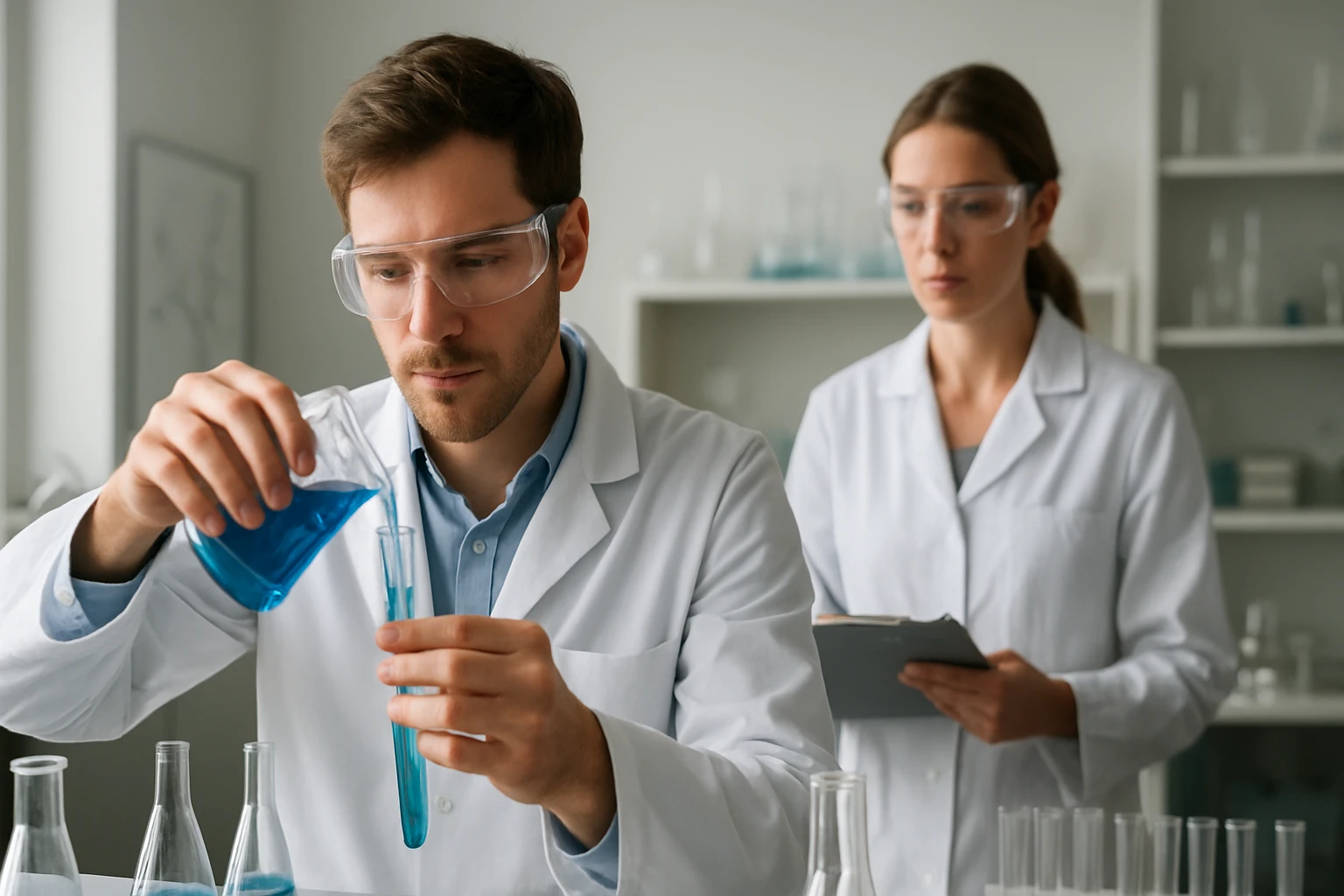 Két kutató laboratóriumban, kémiai kísérlet végzése közben.