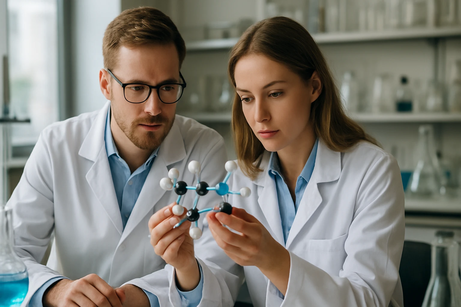 Nátrium-benzoát: Képlet, Tulajdonságok és Alkalmazási Területek Két kutató nátrium-benzoát molekulát elemez laboratóriumban.