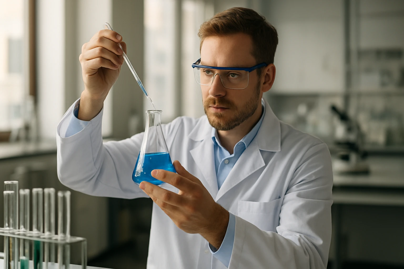 Laboratóriumban dolgozó tudós, nátrium-bromid oldatot vizsgálva.