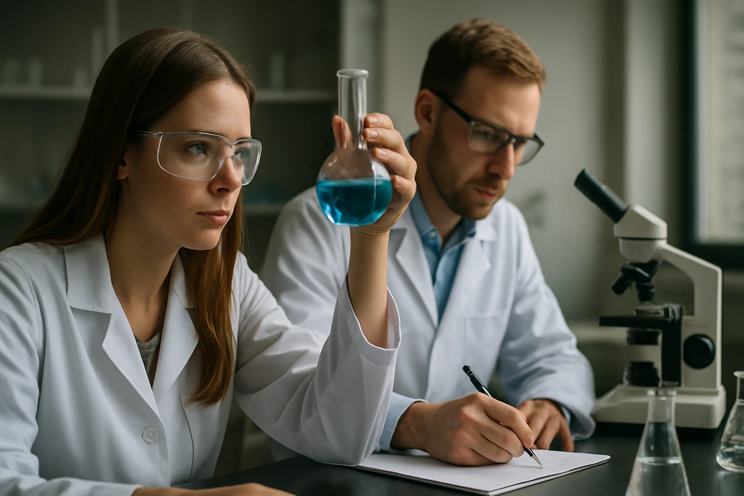 Nátrium-D-eritroaszkorbát: Kémiai Tulajdonságok és Felhasználási Lehetőségek Két tudós laboratóriumban, az egyik kék folyadékot vizsgál.