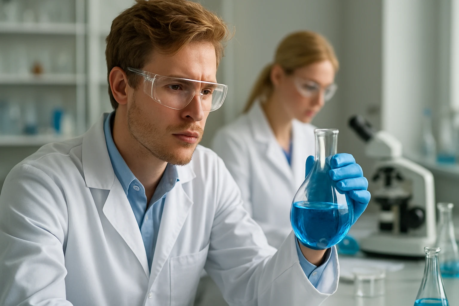 Nátrium-formiát: Képlet, Tulajdonságok és Ipari Felhasználásai Két laboratóriumi dolgozó, az egyik kék folyadékot vizsgál a kémcsőben.