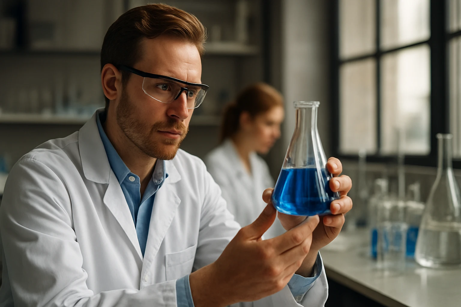 Kémikus kék oldatot vizsgál egy laboratóriumban.