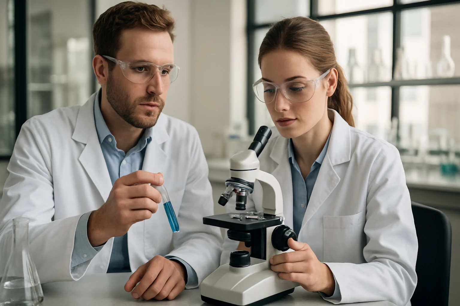 Két kutató laboratóriumban nátrium-hipoklorit vizsgálatát végzi mikroszkóp alatt.