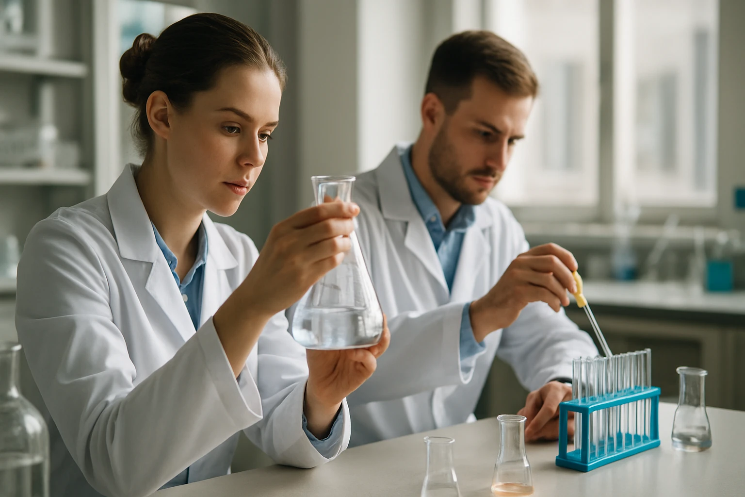 Laboratóriumi kutatók nátrium-hipoklorit kísérletet végeznek.