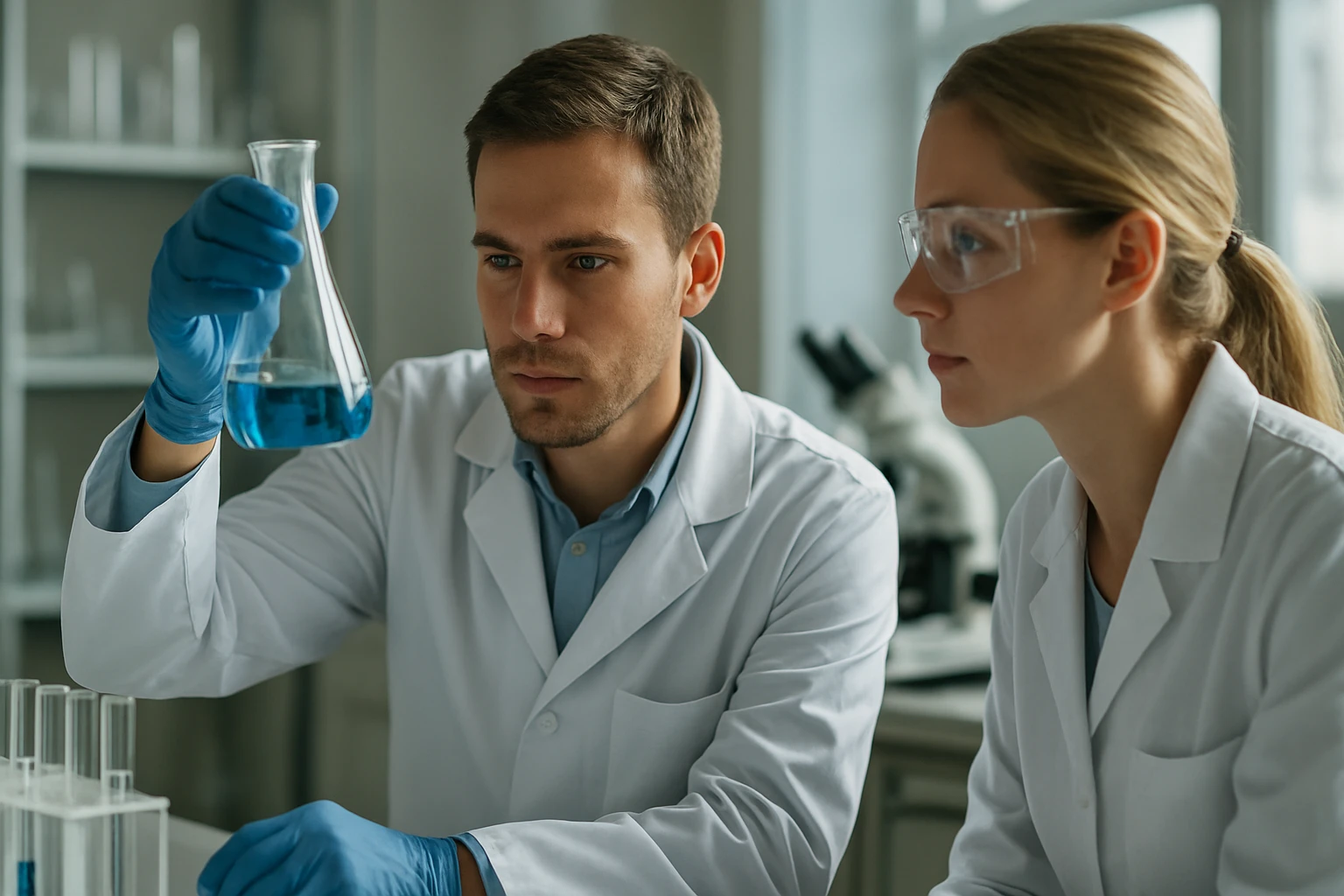 Két tudós kémiai kísérletet végez laboratóriumban.