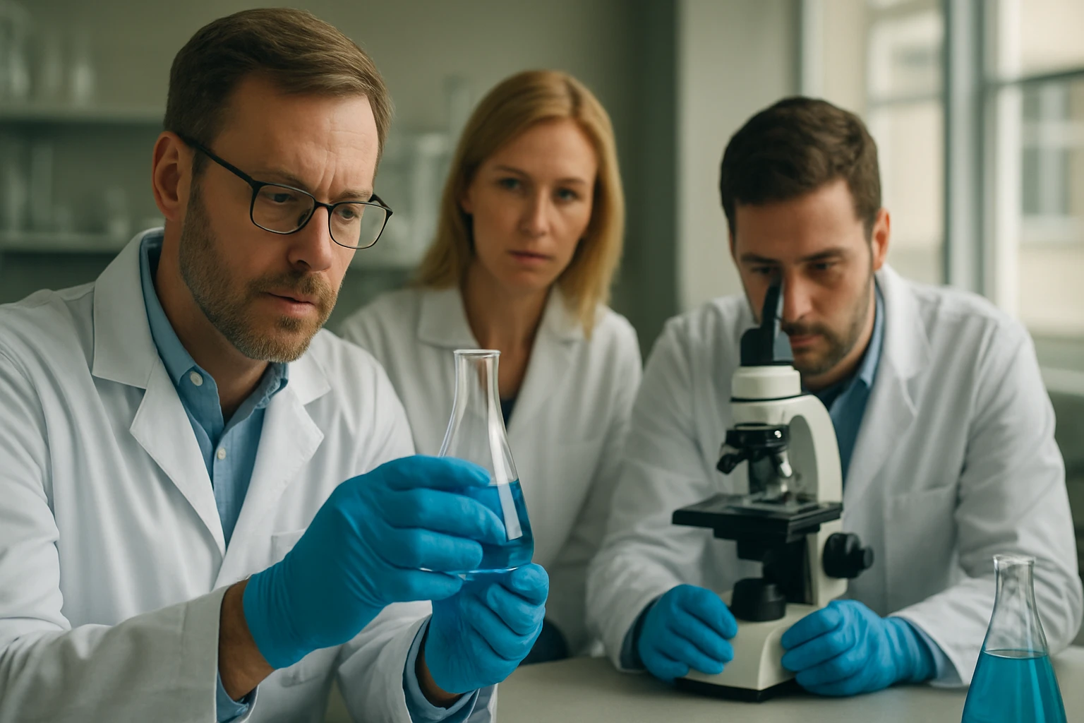 Kutatók laboratóriumi környezetben, nátrium-oxid vizsgálata.