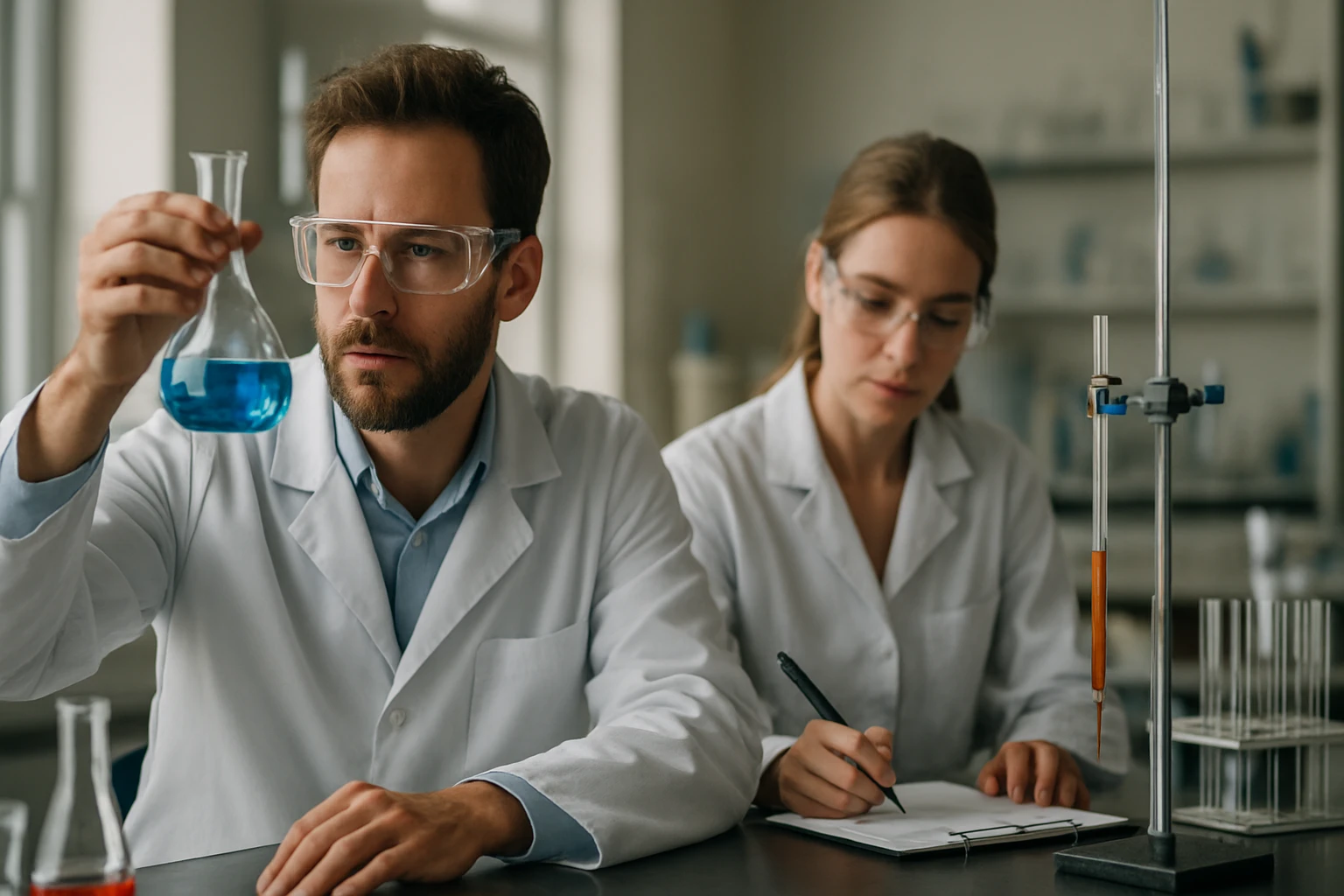 Két kutató laboratóriumban nátrium-propionátot vizsgálnak.