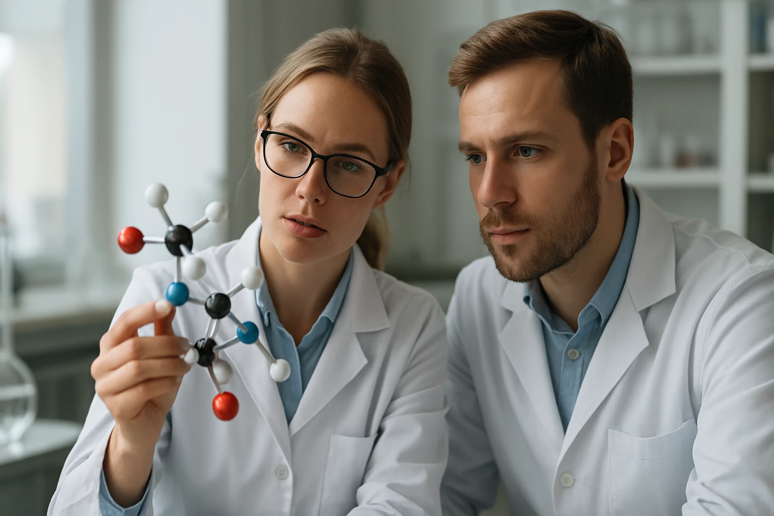 Nátrium-szilikát: A vízüveg összetétele, jellemzői és alkalmazási területei Két tudós nátrium-szilikát molekulát vizsgál, laboratóriumi környezetben.