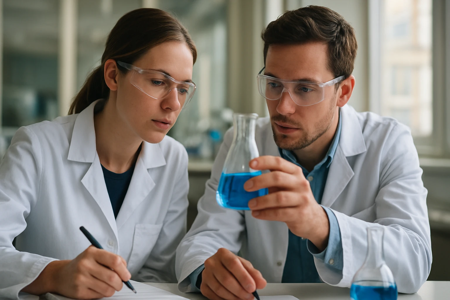 Két tudós laboratóriumban nátrium-tartarát vizsgálat közben.