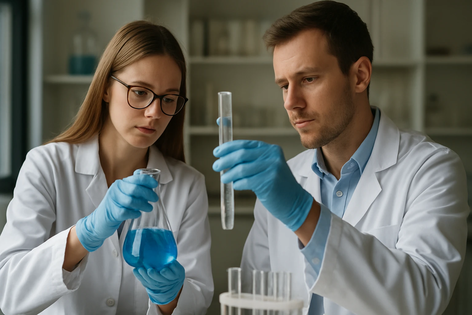 Két kutató a nátrium-tetraborát kémiai vizsgálatán dolgozik laboratóriumban.