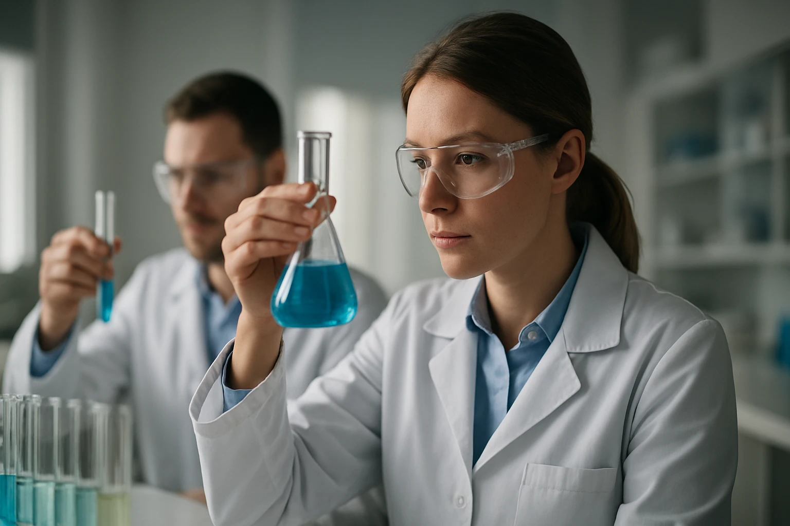 Nátrium-tioszulfát: A fixírsó képlete, tulajdonságai és alkalmazási területei Kémiai laboratóriumban dolgozó fiatal tudós kék folyadékot vizsgál