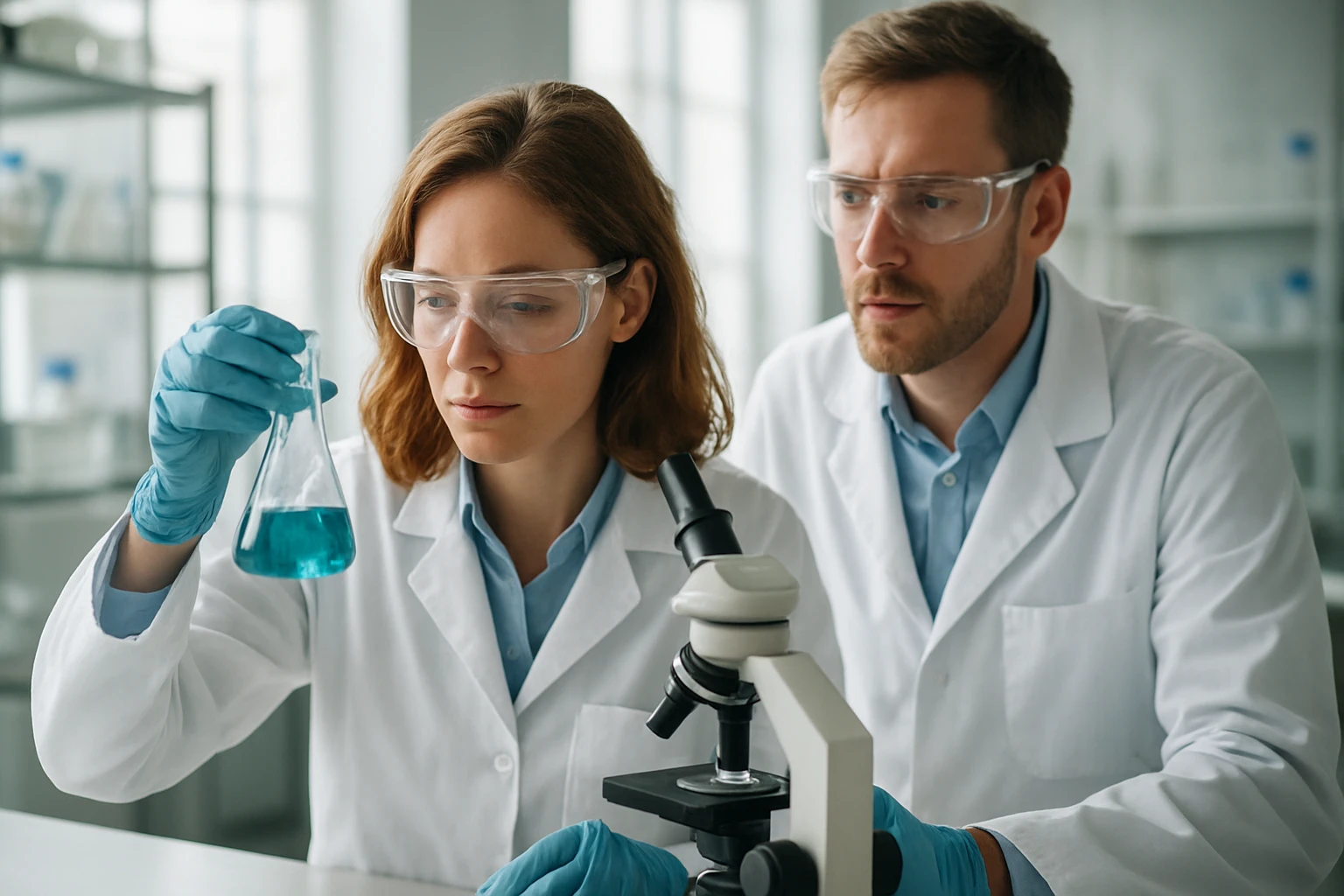 Kémikusok laboratóriumban kémiai kísérletet végeznek