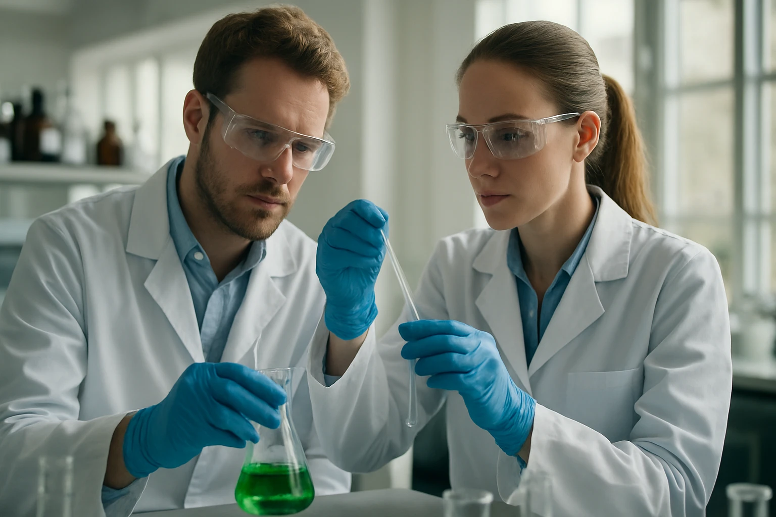 Fiatal kémikusok laboratóriumban zöld folyadékot vizsgálnak.