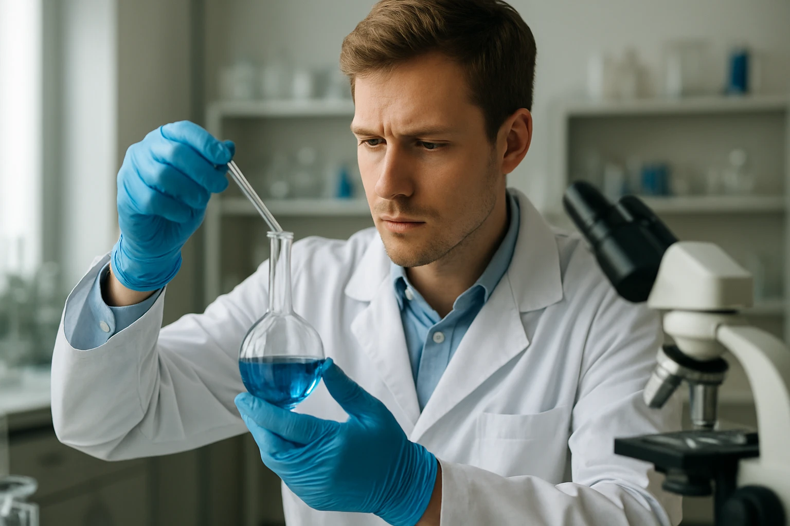 Laboratóriumi kutató kémiai kísérletet végez