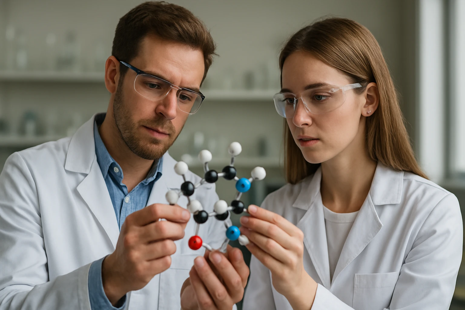 Kémikusok molekula modellek vizsgálata laboratóriumban