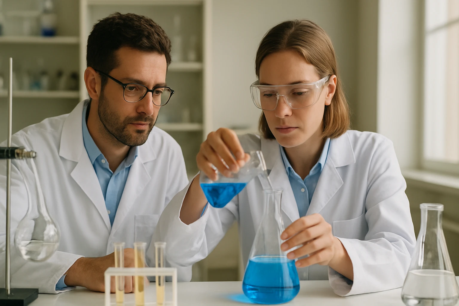 Két tudós laboratóriumban nemionos detergenseket kutat.