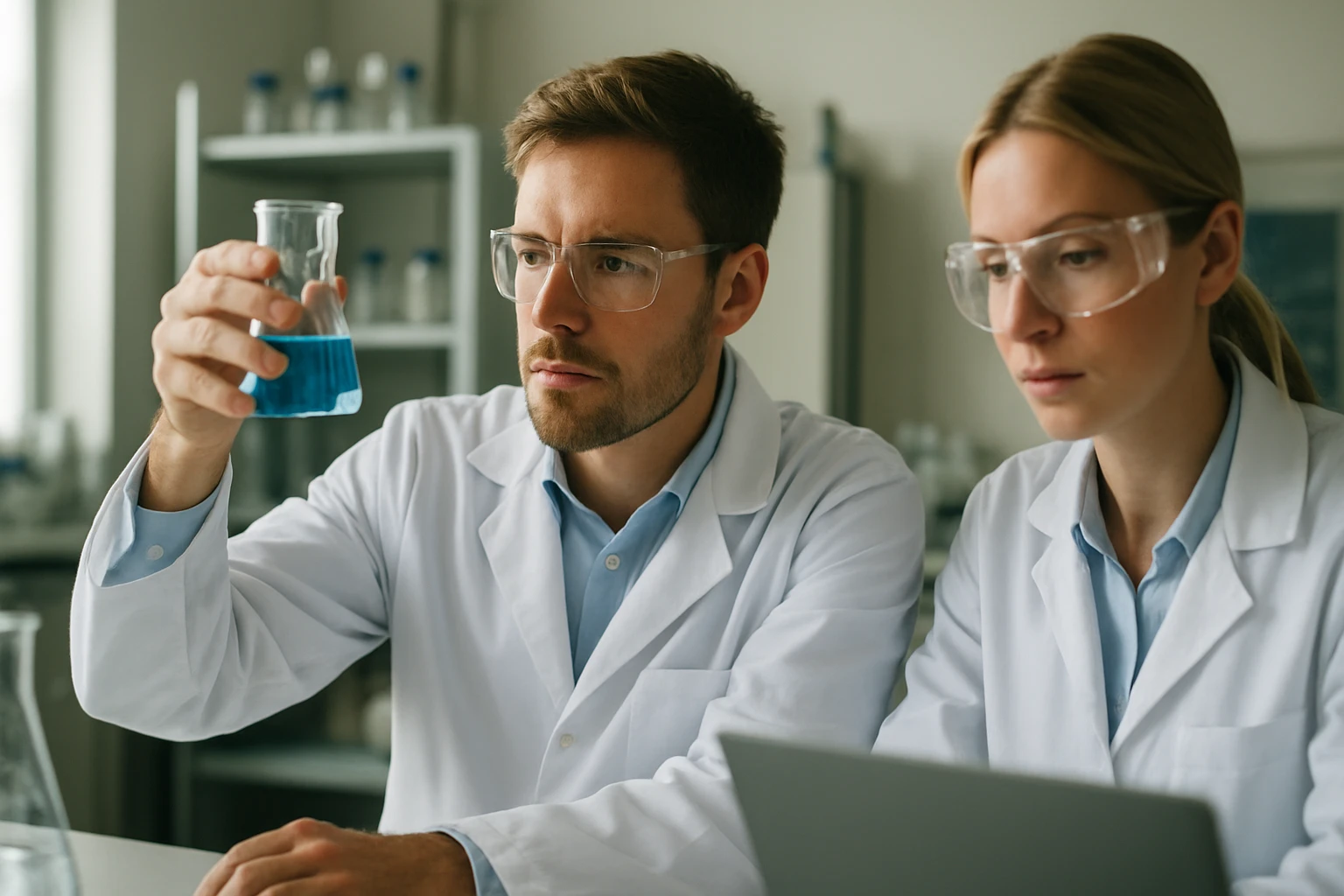 Két kutató vizsgálja a kék folyadékot laboratóriumban