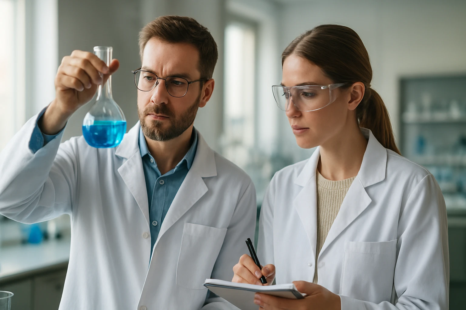 Két tudós kémiai kísérletet végez, egyikük az oldat színét vizsgálja.