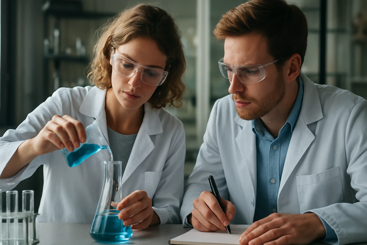 Két tudós kémiai kísérletezést végez laboratóriumban.