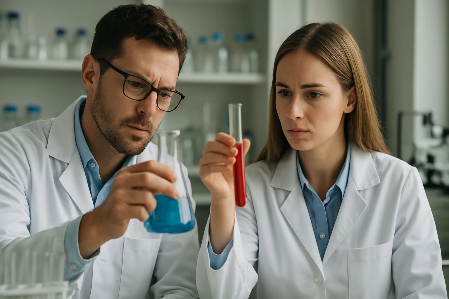 Ni-Cd akkumulátorok: működésük, előnyeik és hátrányaik bemutatása Két tudós kémiai kísérletet végez, különböző folyadékokat vizsgálva.