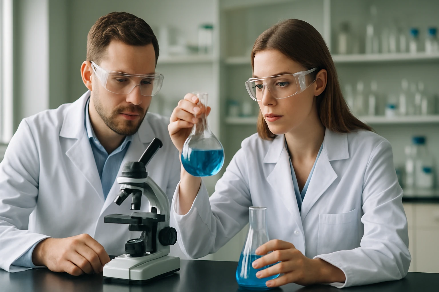 Két kutató laborban, kémcsöveket és mikroszkópot használva.