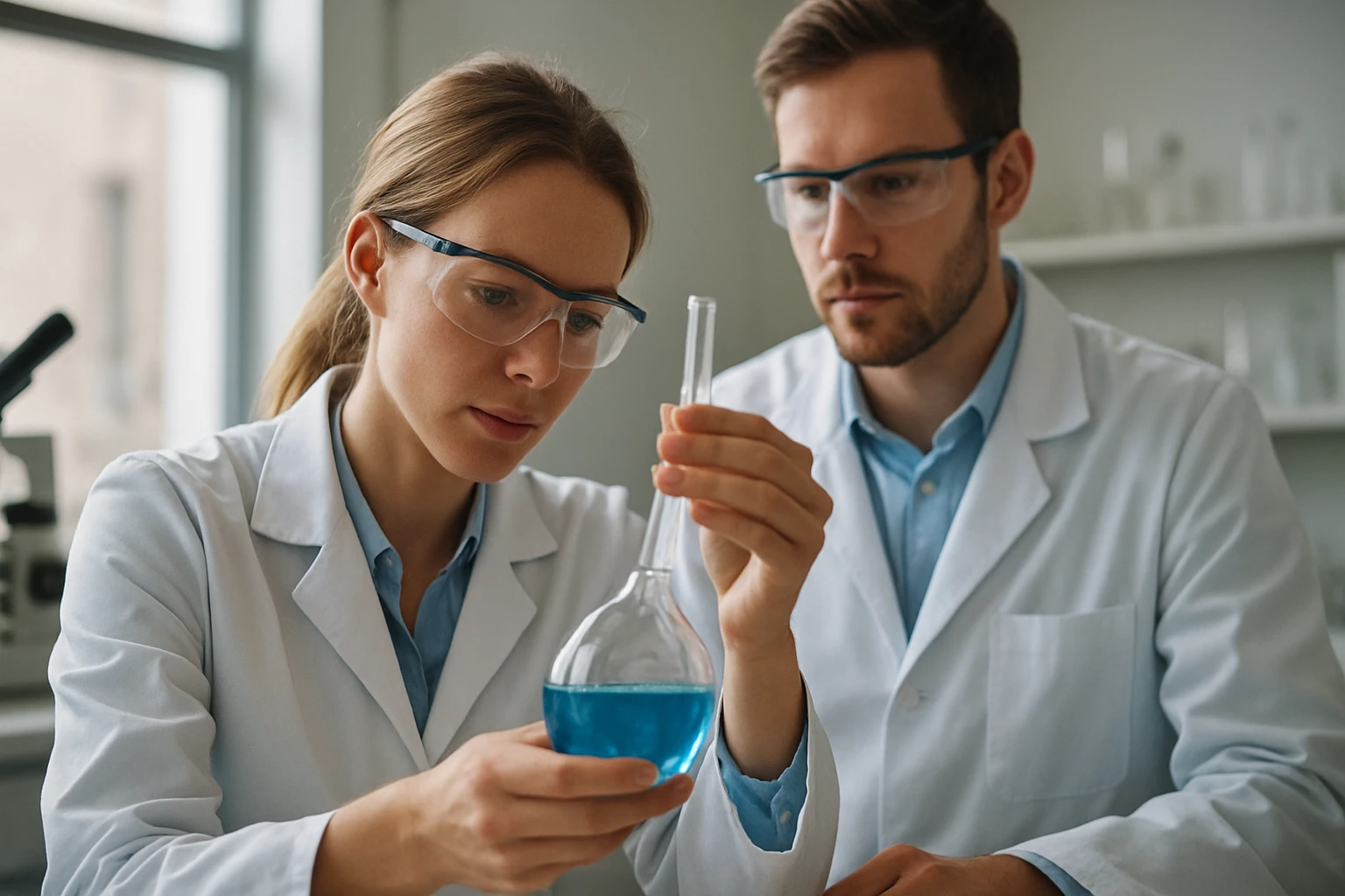 Két kutató laboratóriumban, kémiai elemzést végeznek.