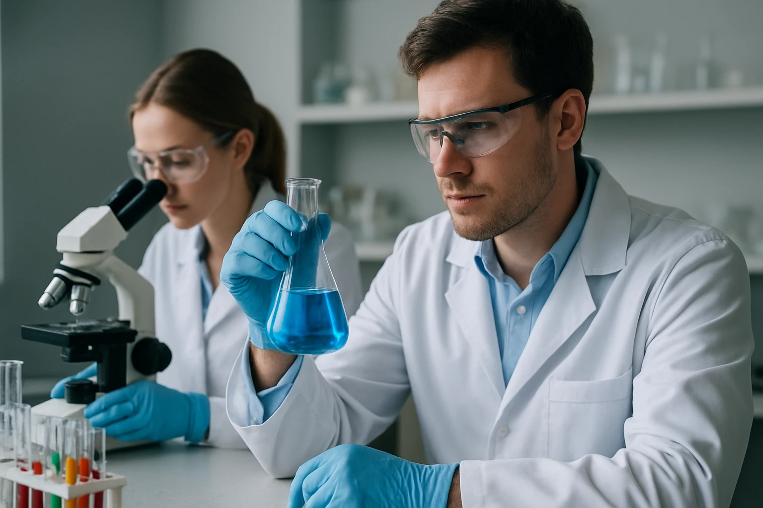 Két tudós laboratóriumi környezetben, kémiai kísérletet végezve.