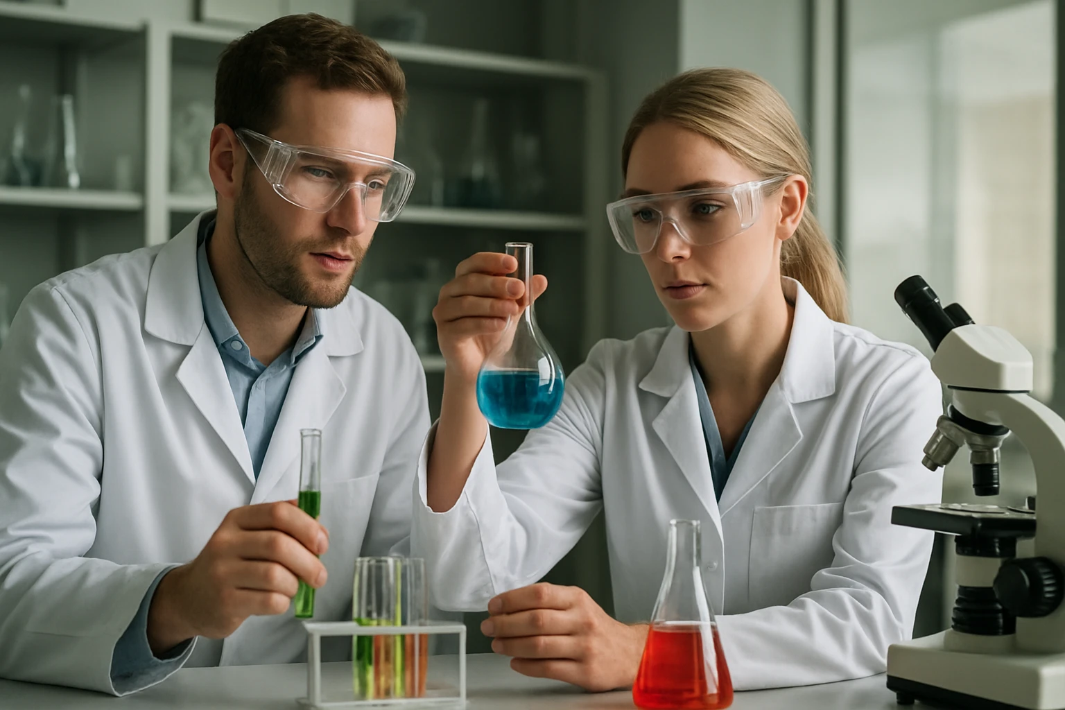 Kémikusok nikkel-vas akkumulátorral kapcsolatos kísérletet végeznek laborban.