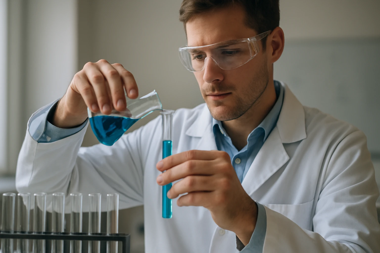 Kémiai kísérlet nikkel(II) vegyületekkel, kék folyadék