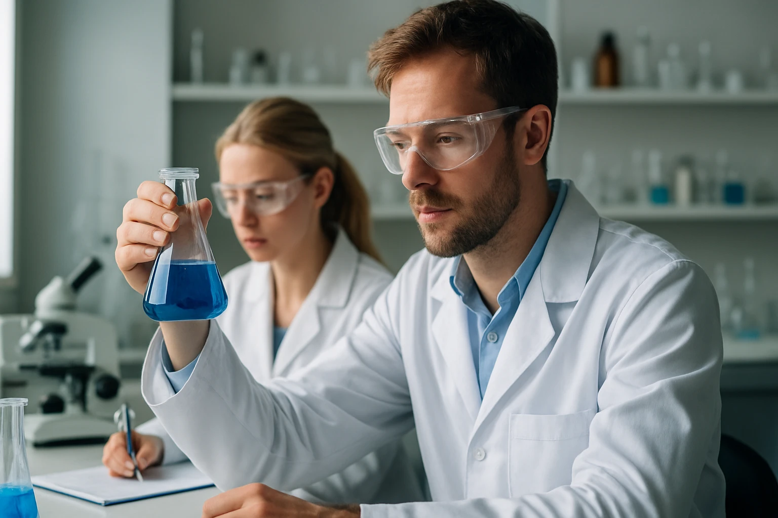 Nikróm: Összetétel, Tulajdonságok és Magas Hőmérsékletű Felhasználások Két kémikus laboratóriumi környezetben, különböző folyadékokkal.