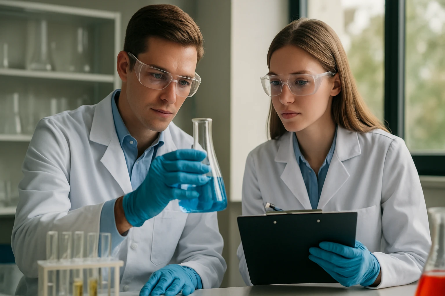 Két tudós laboratóriumban, kémcsőben kék folyadékkal.