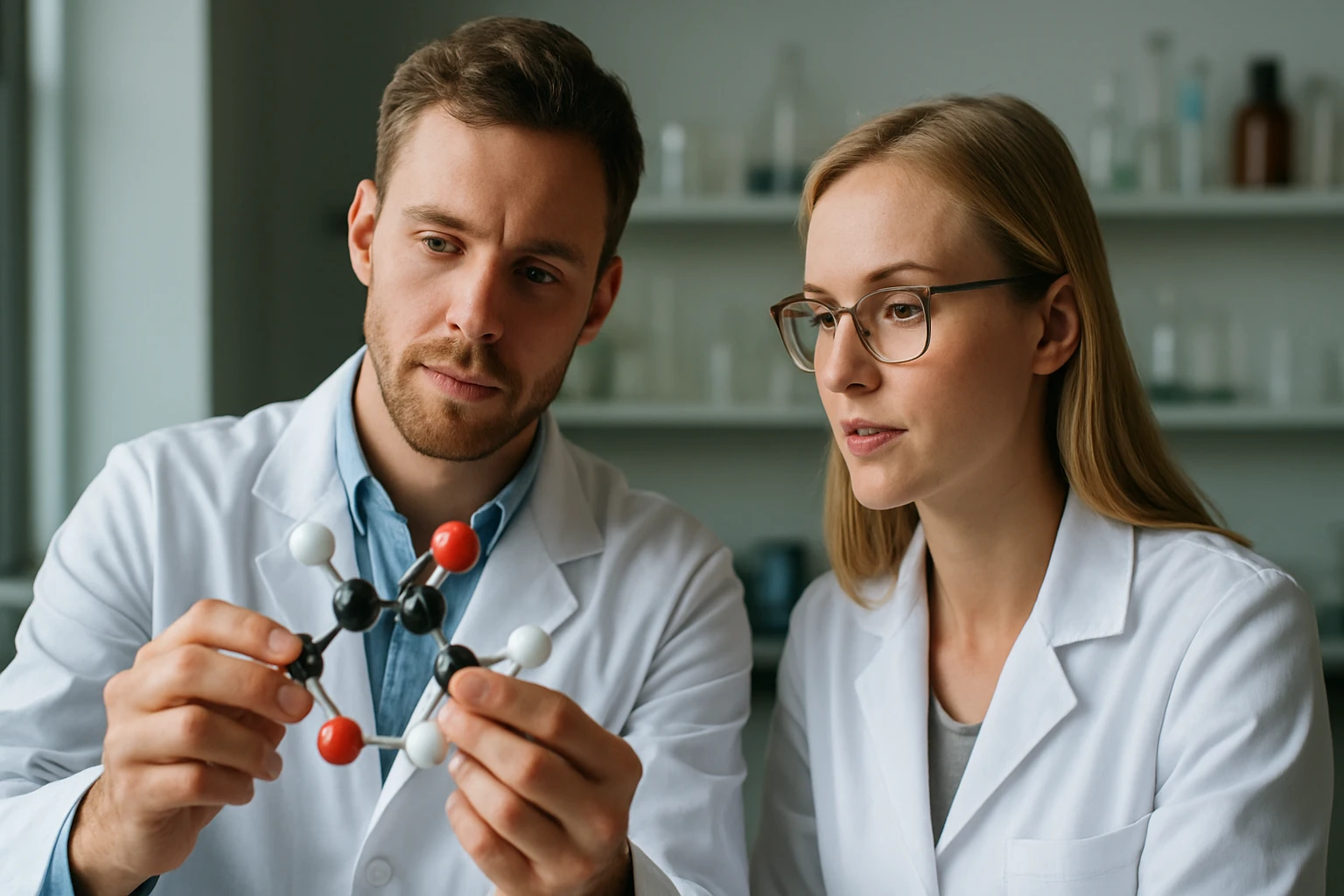 Két tudós egy molekulamodellel foglalkozik a laborban.