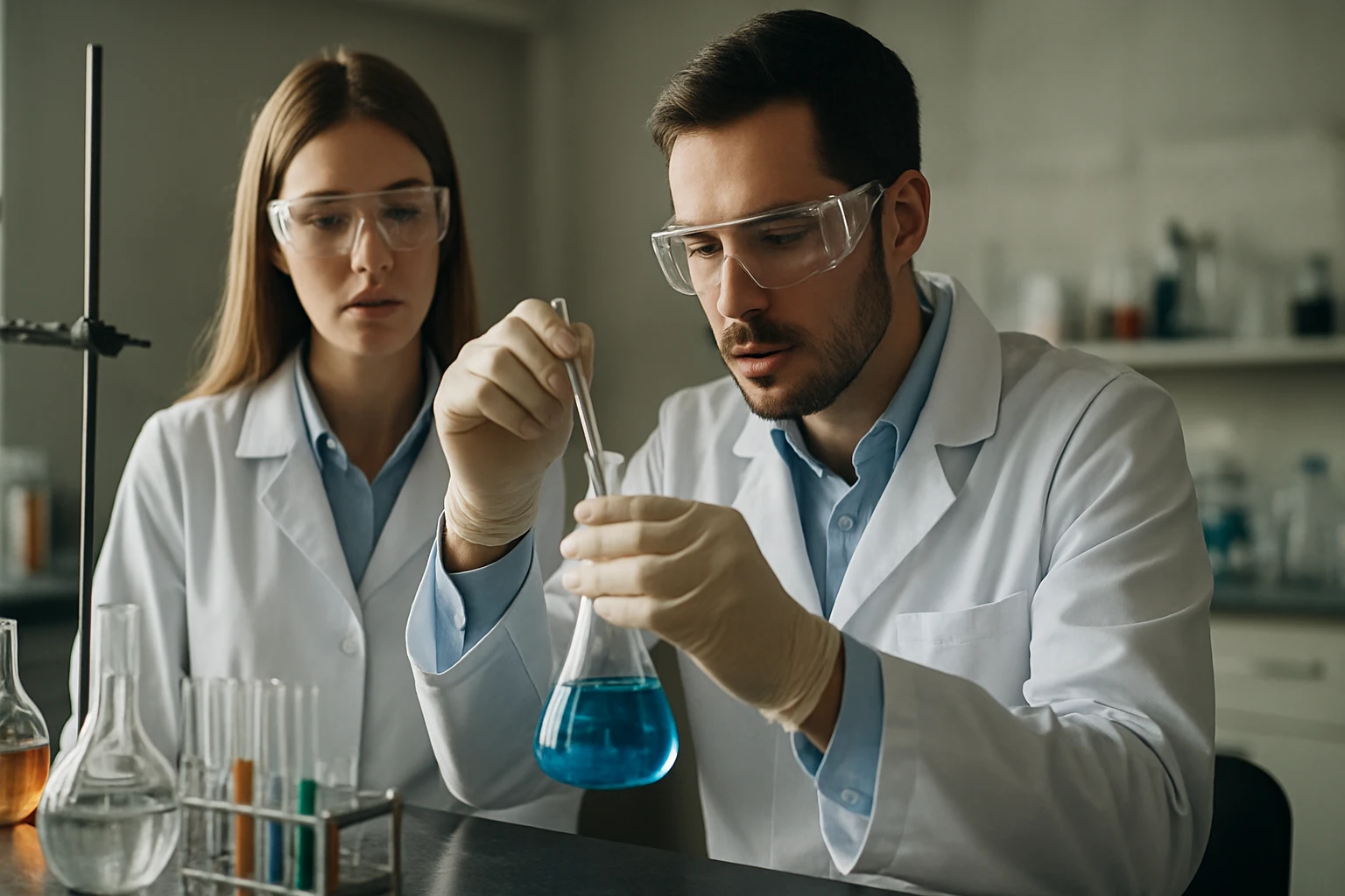 Két tudós laboratóriumban nitridálás kísérletet végez