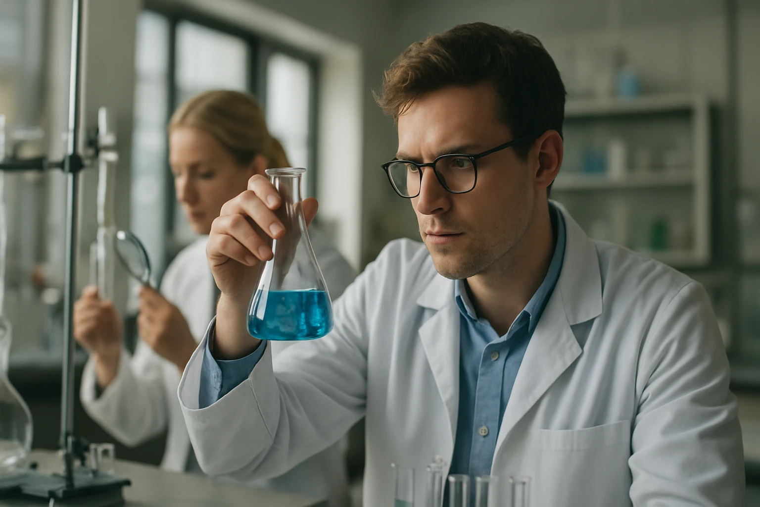 Kémikus kék folyadékkal teli lombikot vizsgál.