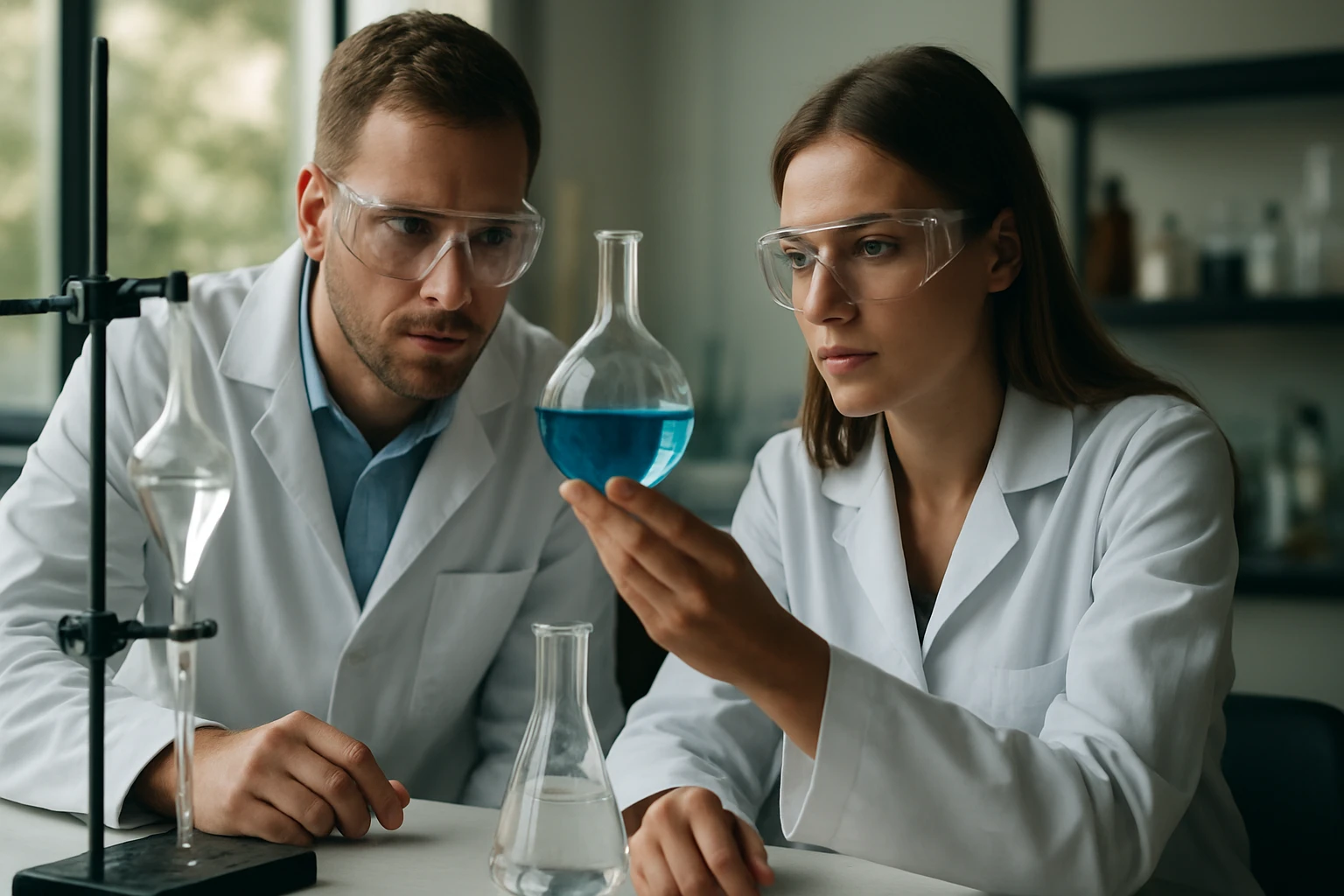 Két vegyész laboratóriumban vizsgálja a nitrocsoport reakcióit.