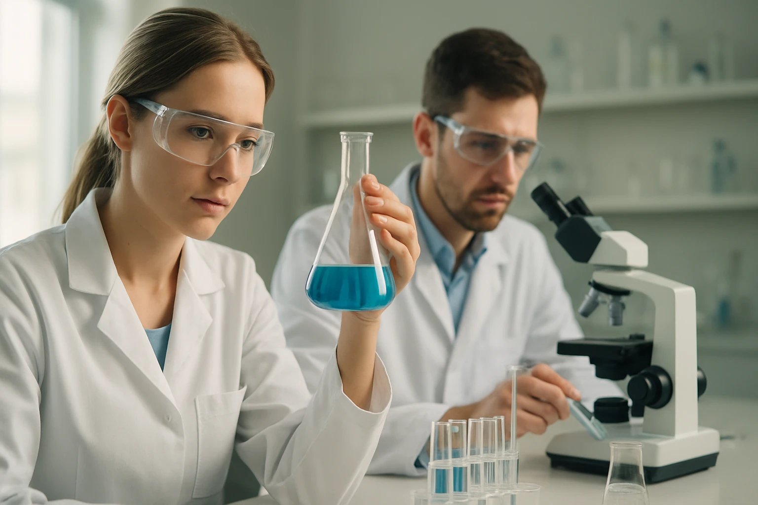 Két tudós laborban, nitroalkánok kutatásával foglalkozva.