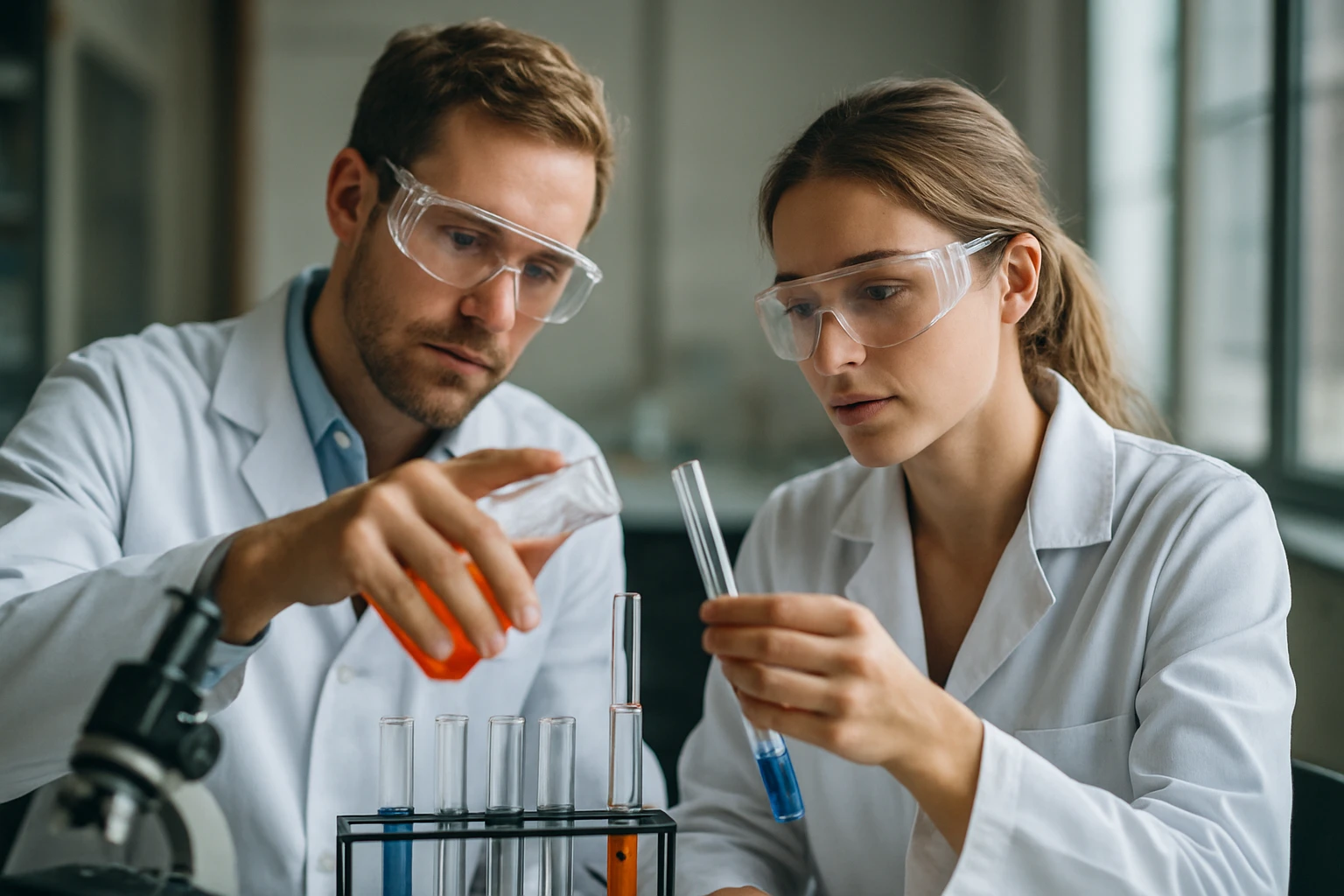 Két tudós kémiai kísérletet végez laboratóriumban.